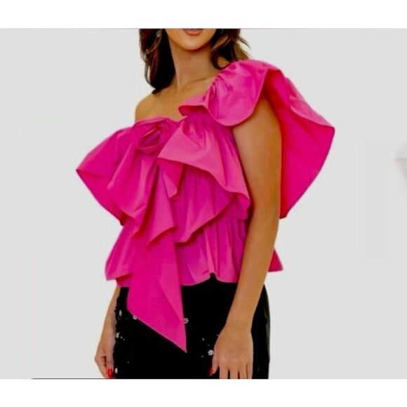 Zara Assymetrical Fuchsia Taffeta Blouse/ Bustier, Rose Embellishment NWT, Sz. M - Picture 1 of 11